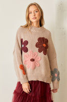 Polagram Solid Color Knit Sweater with Knit Flower Appliques in Natural