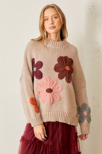 Polagram Solid Color Knit Sweater with Knit Flower Appliques in Natural