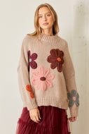 Polagram Solid Color Knit Sweater with Knit Flower Appliques in Natural FINAL SALE