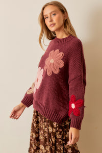 Polagram Solid Color Knit Sweater with Knit Flower Appliques in Burgundy