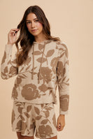 AnnieWear Flower Pattern Knit Sweater Hoodie and Shorts Set in Mocha Combo