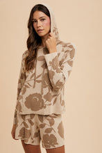 Load image into Gallery viewer, AnnieWear Flower Pattern Knit Sweater Hoodie and Shorts Set in Mocha Combo
