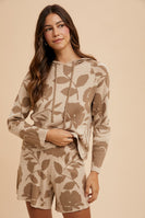 AnnieWear Flower Pattern Knit Sweater Hoodie and Shorts Set in Mocha Combo