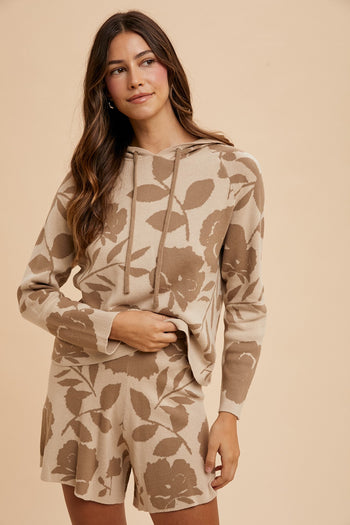 AnnieWear Flower Pattern Knit Sweater Hoodie and Shorts Set in Mocha Combo