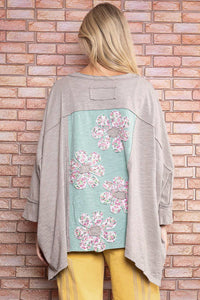 BlueVelvet Color Block Panel Top with Flower Patches in Mushroom