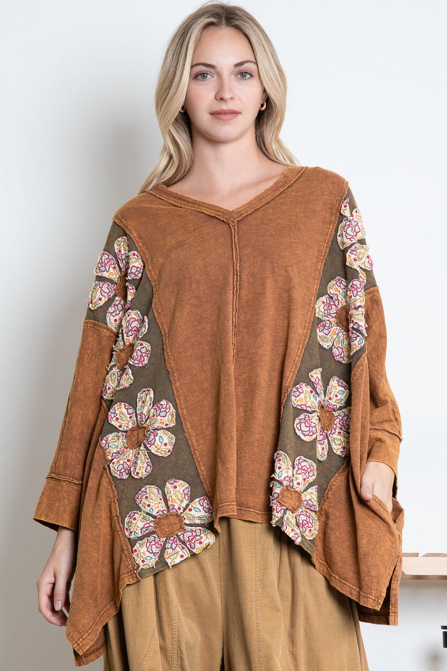 BlueVelvet Color Block Panel Top with Flower Patches in Mocha ON ORDER