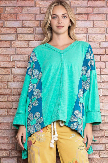 BlueVelvet Color Block Panel Top with Flower Patches in Aqua Green
