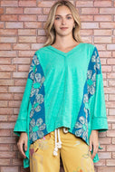BlueVelvet Color Block Panel Top with Flower Patches in Aqua Green FINAL SALE