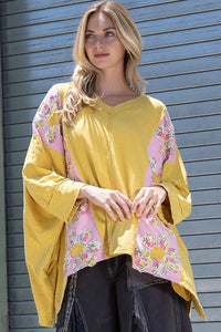 BlueVelvet Color Block Panel Top with Flower Patches in Mustard