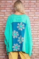 BlueVelvet Color Block Panel Top with Flower Patches in Aqua Green