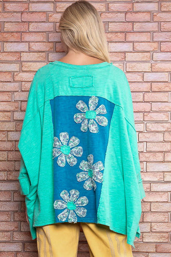 BlueVelvet Color Block Panel Top with Flower Patches in Aqua Green