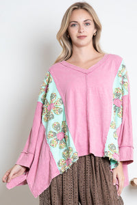 BlueVelvet Color Block Panel Top with Flower Patches in Pink