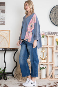 BlueVelvet Color Block Panel Top with Flower Patches in Denim