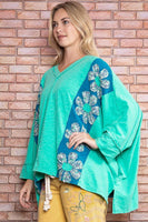 BlueVelvet Color Block Panel Top with Flower Patches in Aqua Green