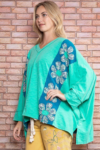 BlueVelvet Color Block Panel Top with Flower Patches in Aqua Green