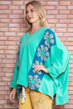 Load image into Gallery viewer, BlueVelvet Color Block Panel Top with Flower Patches in Teal (Aqua) Green
