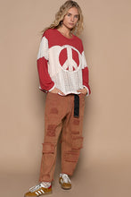 Load image into Gallery viewer, POL OVERSIZED Solid Knit and Open Knit Crochet Top with Peace Sign Patch in Dried Apple Multi
