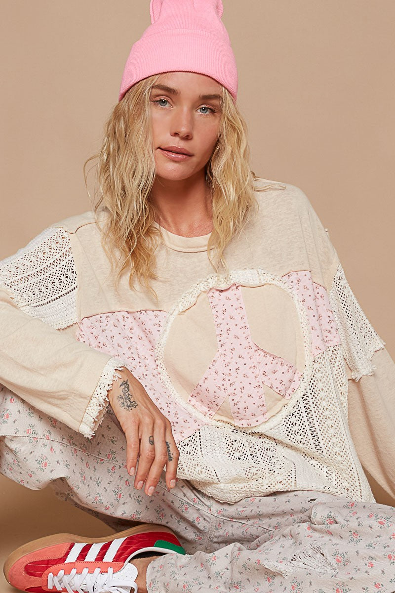 POL OVERSIZED Solid Knit and Open Knit Crochet Top with Peace Sign
