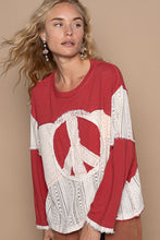 Load image into Gallery viewer, POL OVERSIZED Solid Knit and Open Knit Crochet Top with Peace Sign Patch in Dried Apple Multi
