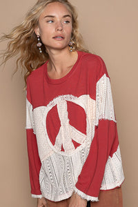 POL OVERSIZED Solid Knit and Open Knit Crochet Top with Peace Sign Patch in Dried Apple Multi