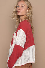 Load image into Gallery viewer, POL OVERSIZED Solid Knit and Open Knit Crochet Top with Peace Sign Patch in Dried Apple Multi
