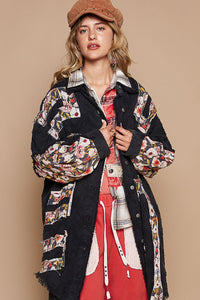 POL OVERSIZED Twill Shacket with Floral Patches in Black Floral