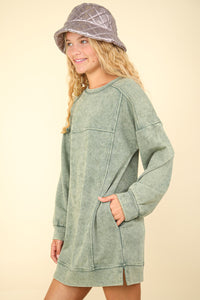 Very J OVERSIZED Mineral Washed Sweatshirt Mini Dress in Sage