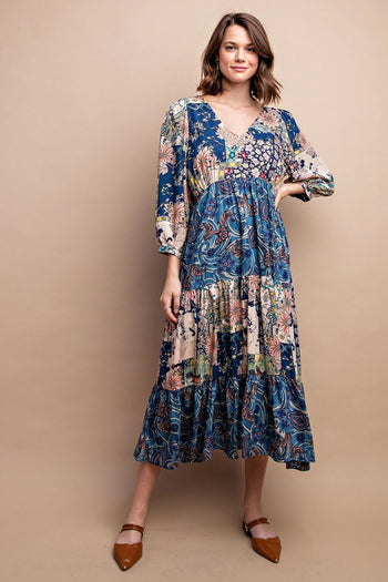 GiGio Mixed Print Midi Dress in Midnight