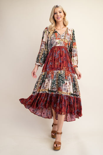 GiGio Mixed Print Midi Dress in Marsala