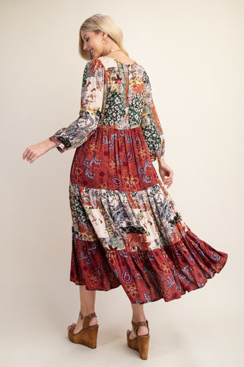 GiGio Mixed Print Midi Dress in Marsala