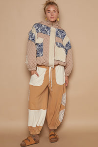 POL Quilted Jacket with Floral Print and Corduroy Details in Tan Multi