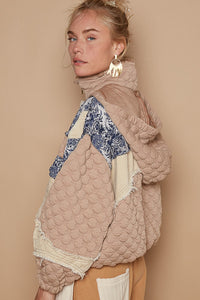 POL Quilted Jacket with Floral Print and Corduroy Details in Tan Multi