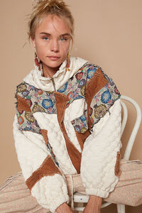 POL Quilted Jacket with Floral Print and Corduroy Details in Ivory Multi