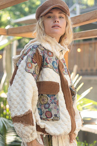 POL Quilted Jacket with Floral Print and Corduroy Details in Ivory Multi