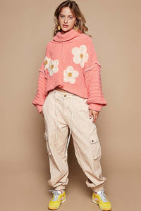 POL Berber Knit Sweater with Flower Print in Coral