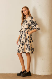 Polagram Floral Print Button Down Midi Dress in Cream Multi