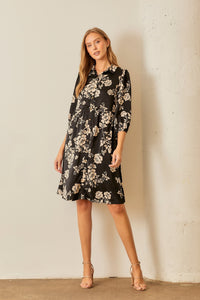 Polagram Floral Print Button Down Midi Dress in Black Multi