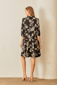 Polagram Floral Print Button Down Midi Dress in Black Multi