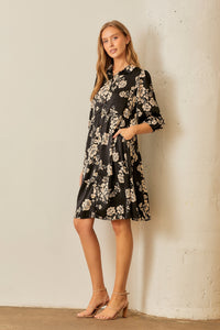 Polagram Floral Print Button Down Midi Dress in Black Multi