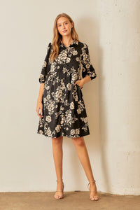 Polagram Floral Print Button Down Midi Dress in Black Multi