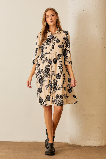Polagram Floral Print Button Down Midi Dress in Cream Multi