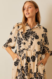 Polagram Floral Print Button Down Midi Dress in Cream Multi