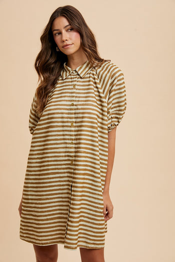 AnnieWear Striped Corduroy Bubble Sleeve Mini Dress in Taupe Combo