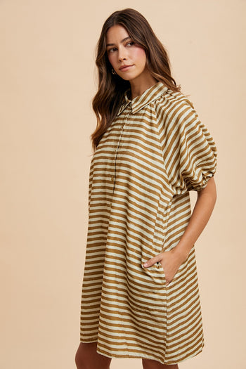 AnnieWear Striped Corduroy Bubble Sleeve Mini Dress in Taupe Combo