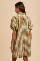 AnnieWear Striped Corduroy Bubble Sleeve Mini Dress in Taupe Combo