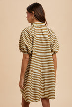 Load image into Gallery viewer, AnnieWear Striped Corduroy Bubble Sleeve Mini Dress in Taupe Combo
