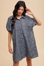 Load image into Gallery viewer, AnnieWear Striped Corduroy Bubble Sleeve Mini Dress in Navy Combo

