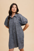 AnnieWear Striped Corduroy Bubble Sleeve Mini Dress in Navy Combo
