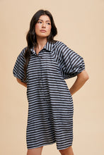 Load image into Gallery viewer, AnnieWear Striped Corduroy Bubble Sleeve Mini Dress in Navy Combo
