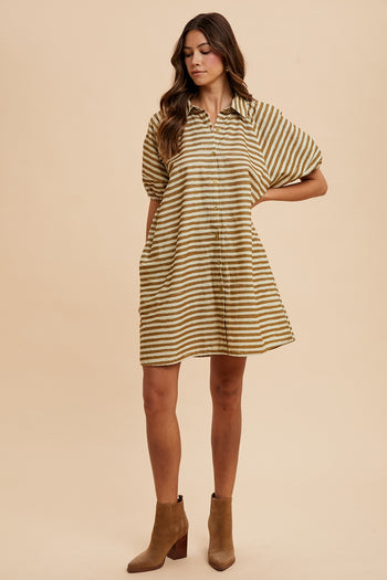 AnnieWear Striped Corduroy Bubble Sleeve Mini Dress in Taupe Combo